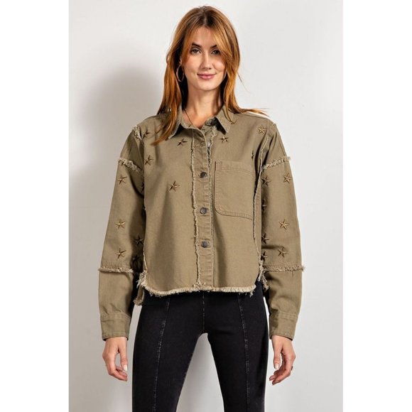 easel Jackets & Coats Easel Faded Olive Star Pattern Embroidery